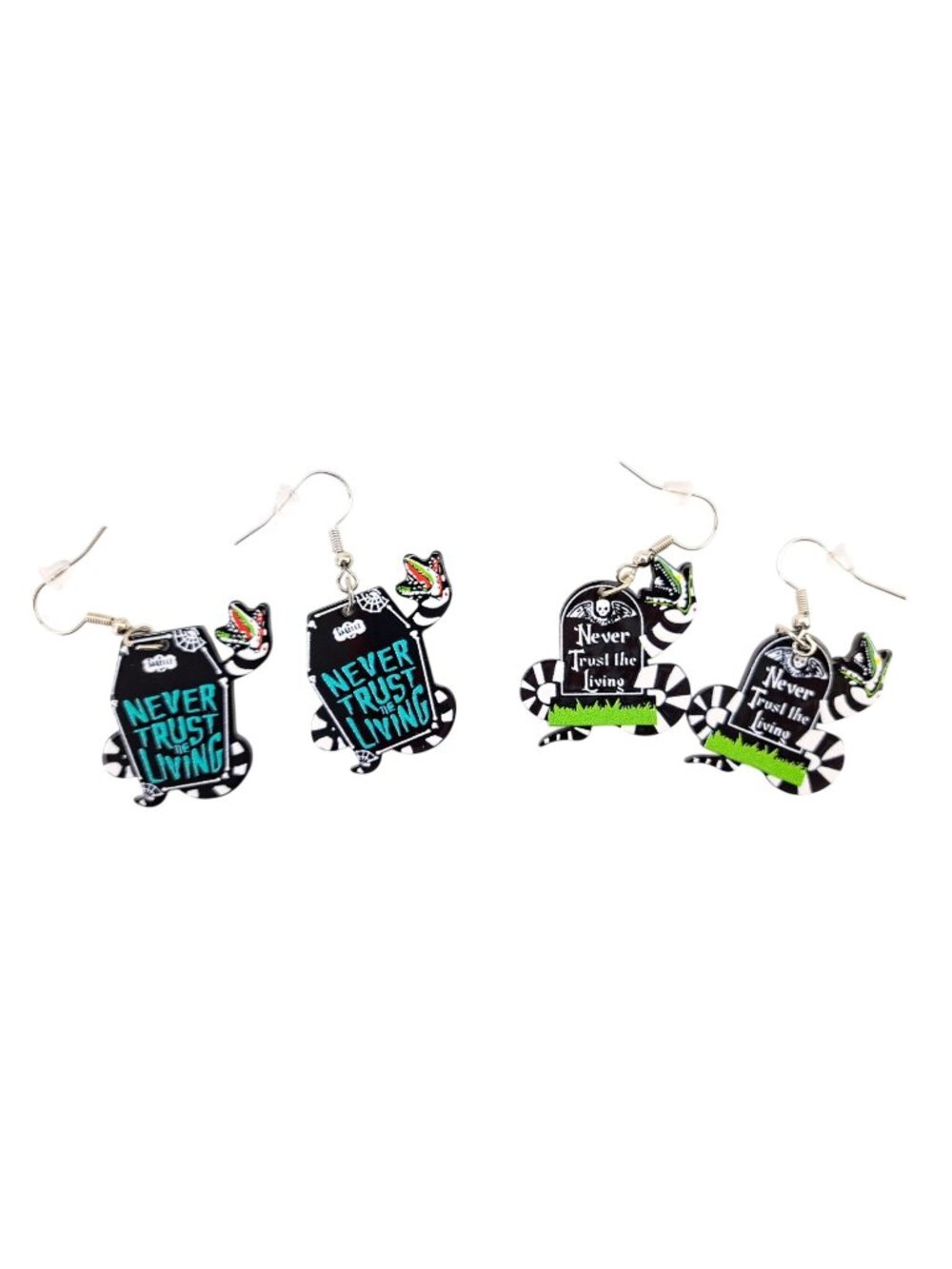 Never Trust The Living Tombstone Dangle Earrings Gothic Snake Halloween Set of 2